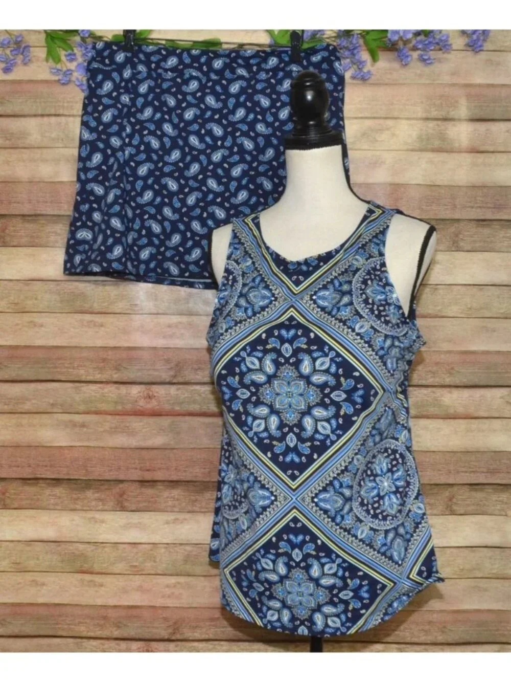 Lands' End High Neck Bandana Print Tankini Top & Skirt Set Swimsuit Size 16L Lon